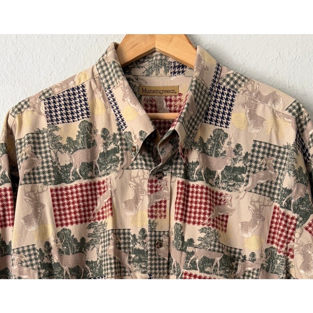 Munsingwear Mens Deer Forest Patchwork Button Down Shirt 2XLT Vintage Cabin Buck